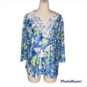 Alfred Dunner Blue Green Yellow Floral Tunic Blouse Top 3/4 Sleeve - Size PM NWT
